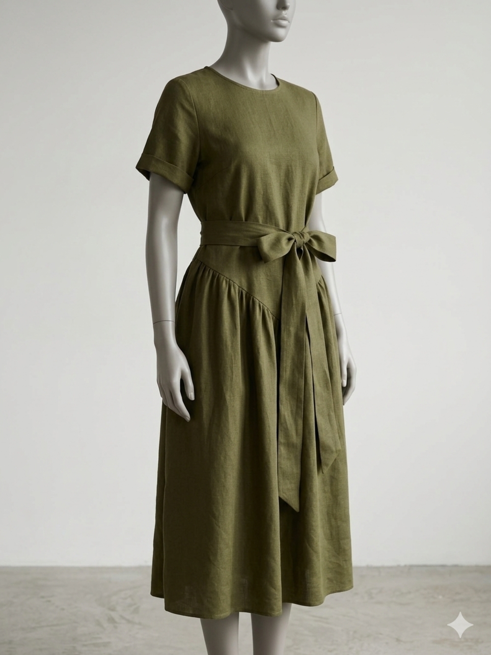 Tie-Waist Olive Midi Dress with Short Sleeves